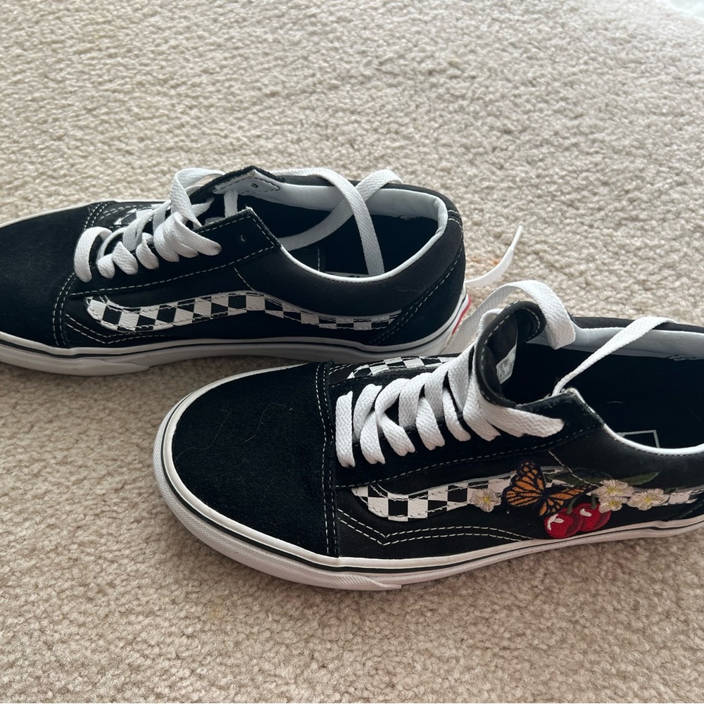 Vans Black and White Checkered Sneakers with Floral Design